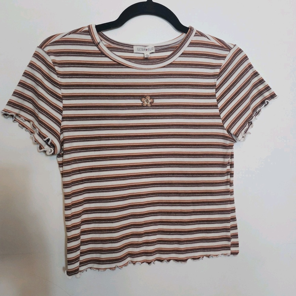 Ultra Flirt Striped XLarge Y2K‎ Style Slim Fit Short Sleeve Scalloped Hem Stripe